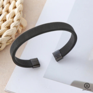 Black Silver Plated Stainless Steel Anti Tarnish Mesh Statement Cuff Bracelet For Men & Women