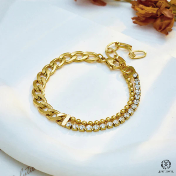 Stone Studded Miami Cuban Link Bracelet Gold By Just Jewel