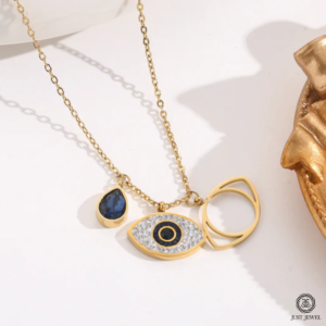 Stainless Steel Gold Plated American Diamond Studded Evil Eye Anti-Tarnish Pendant Necklace