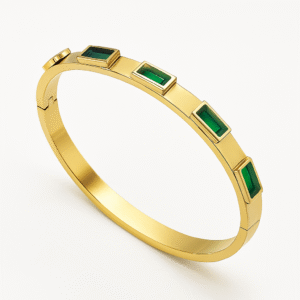 Gold Bangle Bracelet for Women with 5 Emerald-Cut Green Stones By Just Jewel