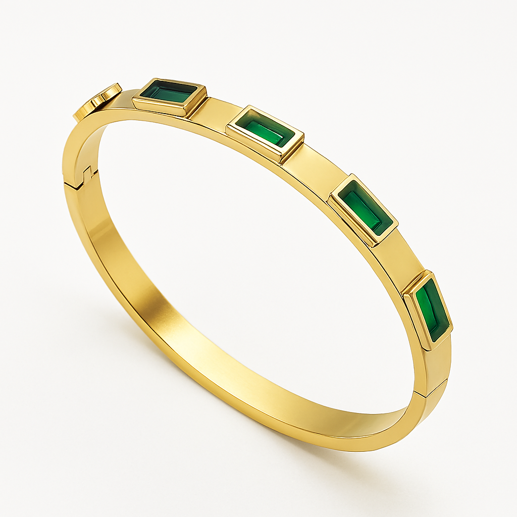 Gold Bangle Bracelet for Women with 5 Emerald-Cut Green Stones By Just Jewel