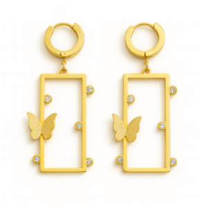 Golden Rectangular Butterfly Earrings with Crystal Accents By Just Jewel