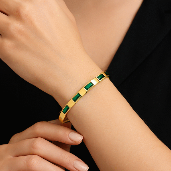 Gold Bangle Bracelet for Women with 5 Emerald-Cut Green Stones By Just Jewel - Image 2