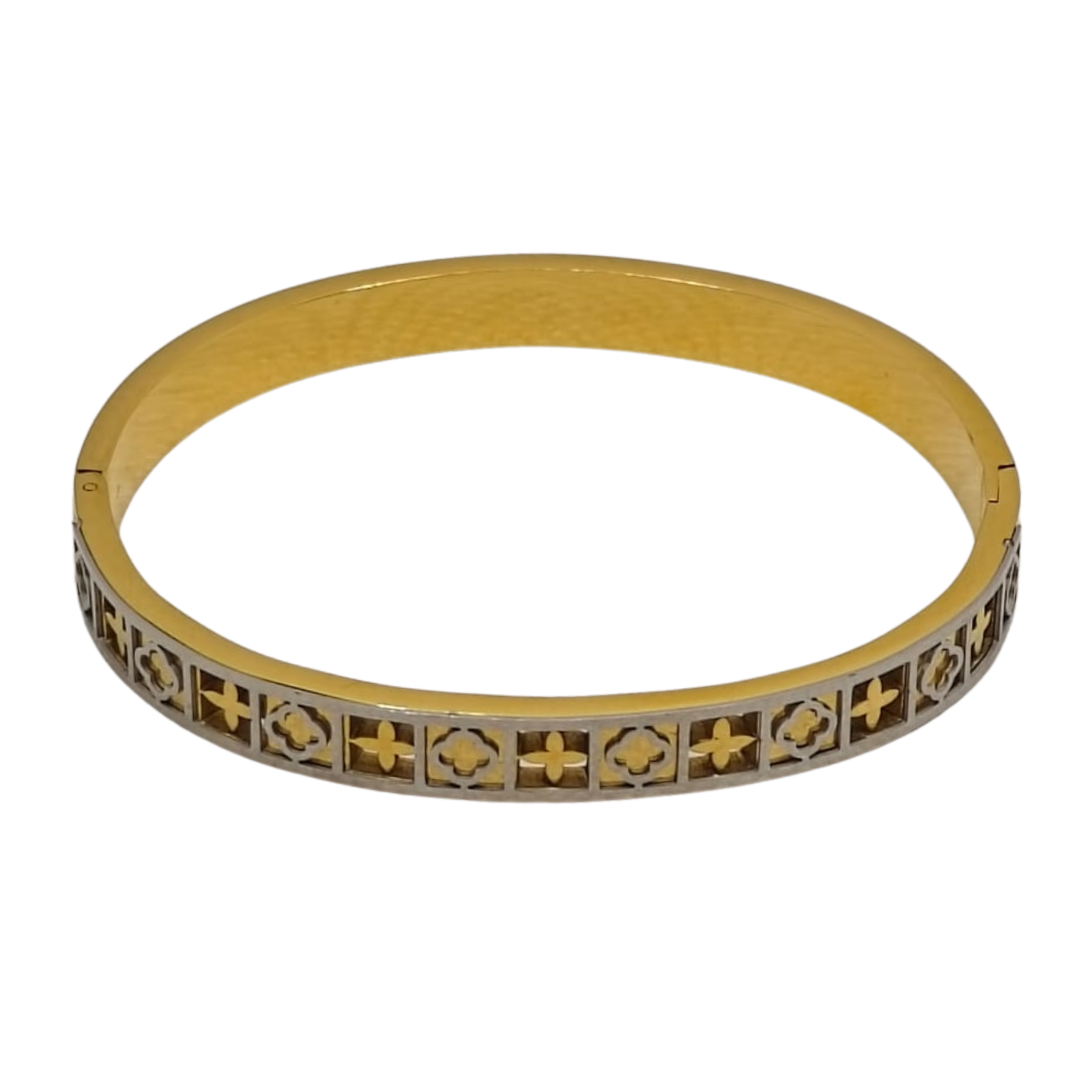Regalia Lattice Bangle – Dual-Tone Openwork in 18K Gold & Silver Finish