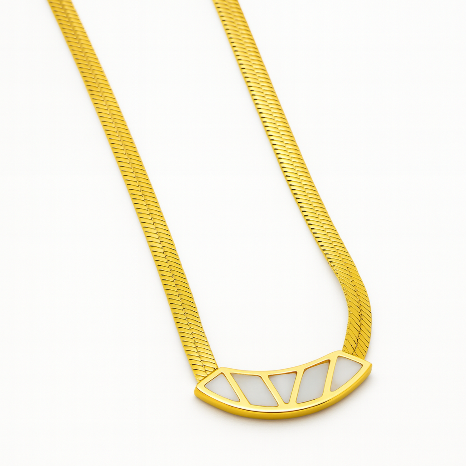 Elegant Gold-Plated Herringbone Necklace with Geometric Mother-of-Pearl Pendant By Just Jewel
