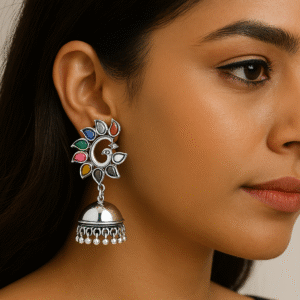 Oxidised Silver Peacock Jhumka Earrings for Women – Colorful Stone Design