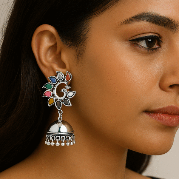 Oxidised Silver Peacock Jhumka Earrings for Women – Colorful Stone Design
