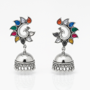 Oxidised Silver Peacock Jhumka Earrings for Women – Colorful Stone Design