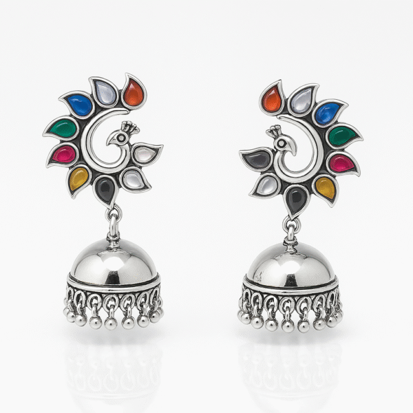 Oxidised Silver Peacock Jhumka Earrings for Women – Colorful Stone Design - Image 2