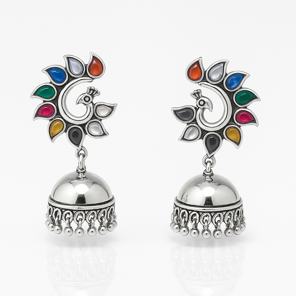Oxidised Silver Peacock Jhumka Earrings for Women – Colorful Stone Design