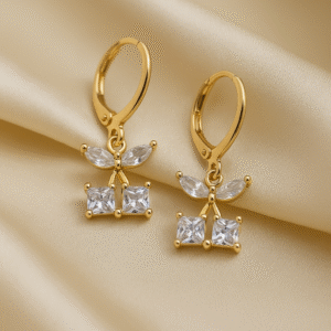 Gold-Plated Leaf & Square Diamond Dangle Earrings