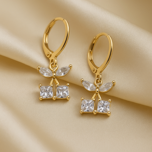 Gold-Plated Leaf & Square Diamond Dangle Earrings
