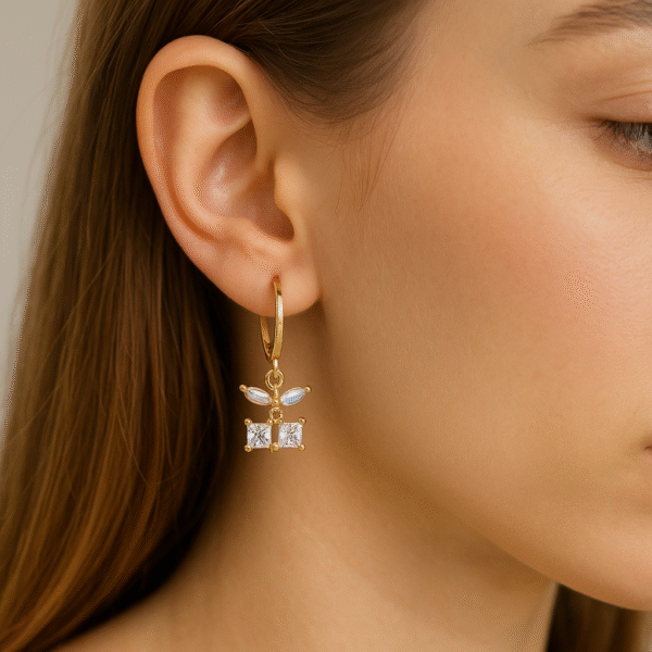 Gold-Plated Leaf & Square Diamond Dangle Earrings - Image 2