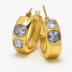 Aurora Gold Huggie Earrings with Dual Blue Gemstones – Elegant Everyday Luxury By Just Jewel