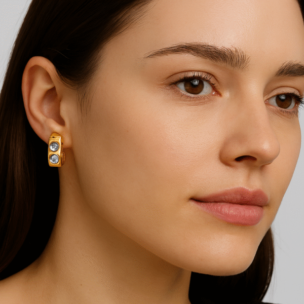 Aurora Gold Huggie Earrings with Dual Blue Gemstones – Elegant Everyday Luxury By Just Jewel - Image 2