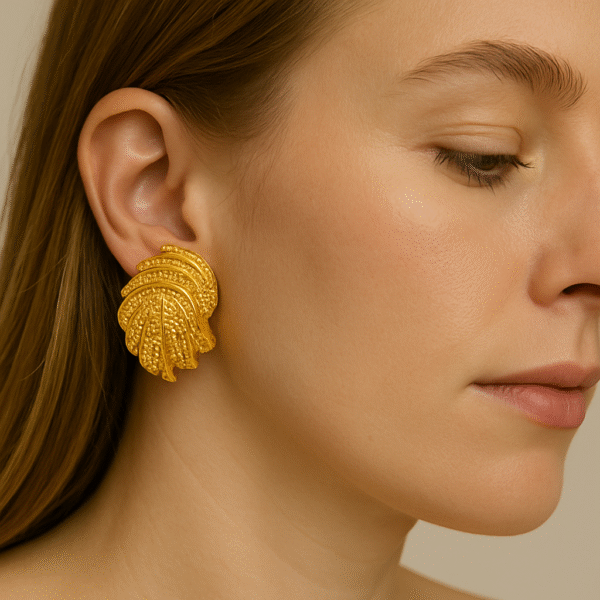 Golden Palm Leaf Textured Earrings - Image 2