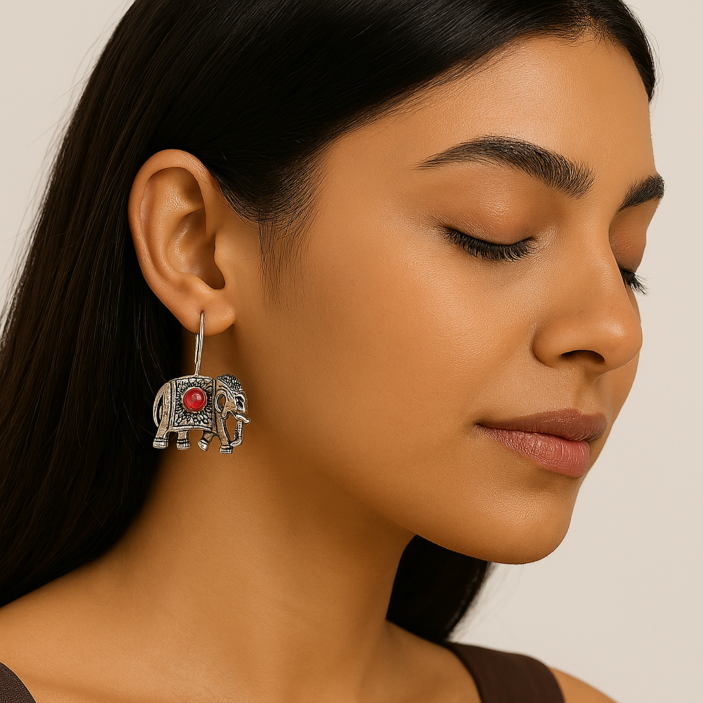 Oxidised Silver Elephant Earrings for Women – Red Stone Accent, Lightweight Ethnic Dangle Jewelry