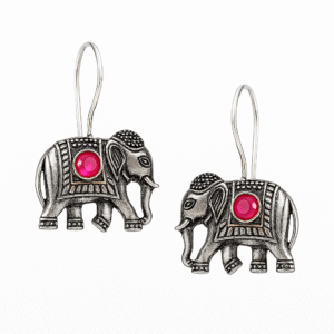 Oxidised Silver Elephant Earrings for Women – Red Stone Accent, Lightweight Ethnic Dangle Jewelry