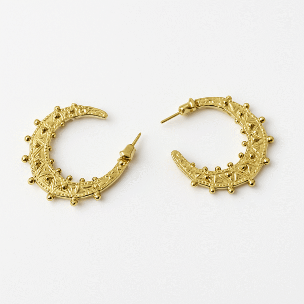 Regal Crescent Hoop Earrings – Gold Filigree & Beadwork
