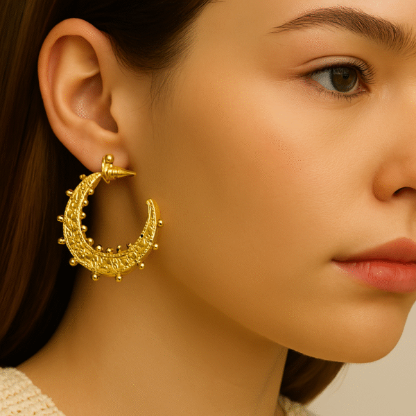 Regal Crescent Hoop Earrings – Gold Filigree & Beadwork - Image 2