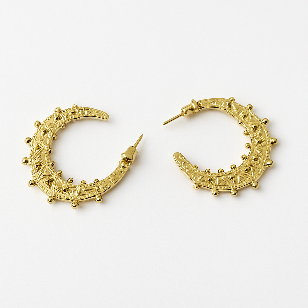 Regal Crescent Hoop Earrings – Gold Filigree & Beadwork