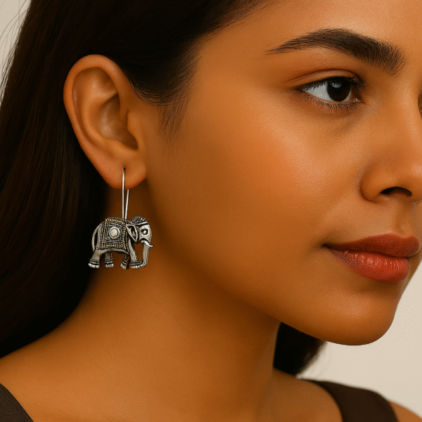 Oxidised Silver Elephant Earrings for Women – Lightweight Dangle Design - Image 2