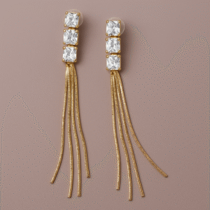 Elegant Gold-Tone Square Cut Crystal Tassel Earrings
