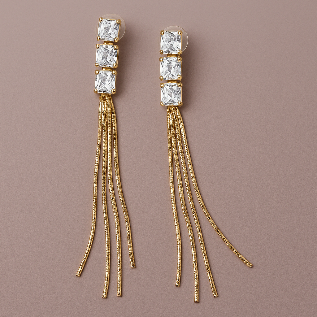 Elegant Gold-Tone Square Cut Crystal Tassel Earrings