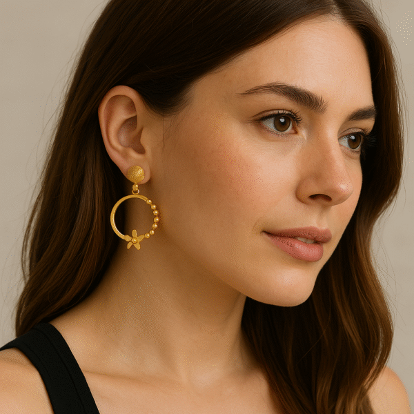 Golden Floral Hoop Earrings with Beaded Detailing By Just Jewel - Image 2
