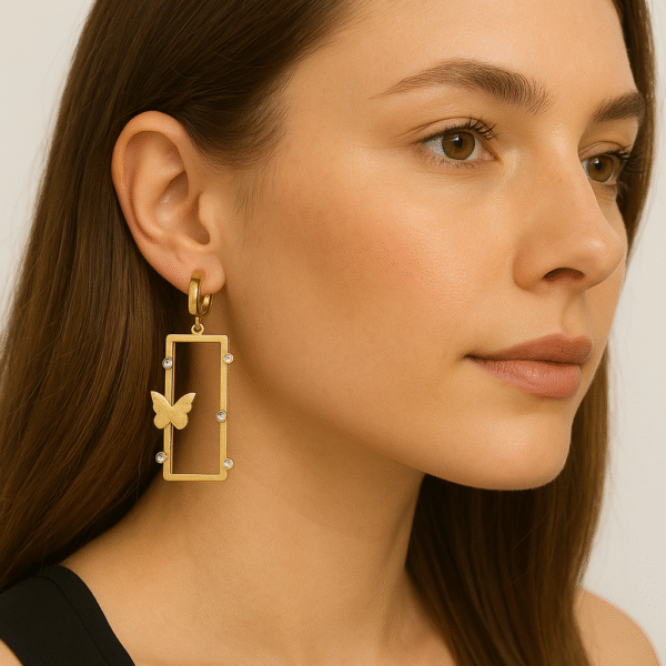 Golden Rectangular Butterfly Earrings with Crystal Accents By Just Jewel - Image 2