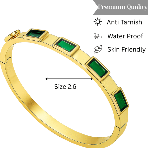 Gold Bangle Bracelet for Women with 5 Emerald-Cut Green Stones By Just Jewel - Image 3