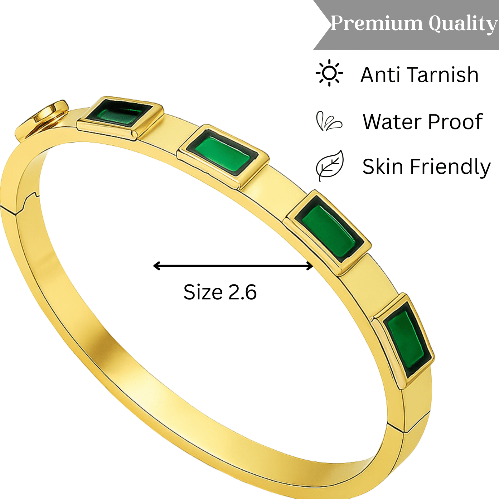 Gold Bangle Bracelet for Women with 5 Emerald-Cut Green Stones By Just Jewel - Image 3