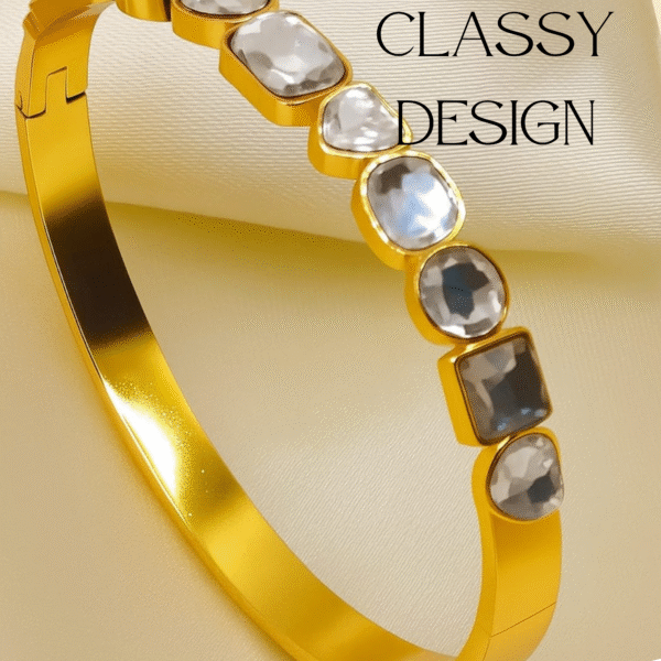 “Symphony of Shapes” Gold Bangle Bracelet with Mixed-Cut Stones By Just Jewel - Image 2