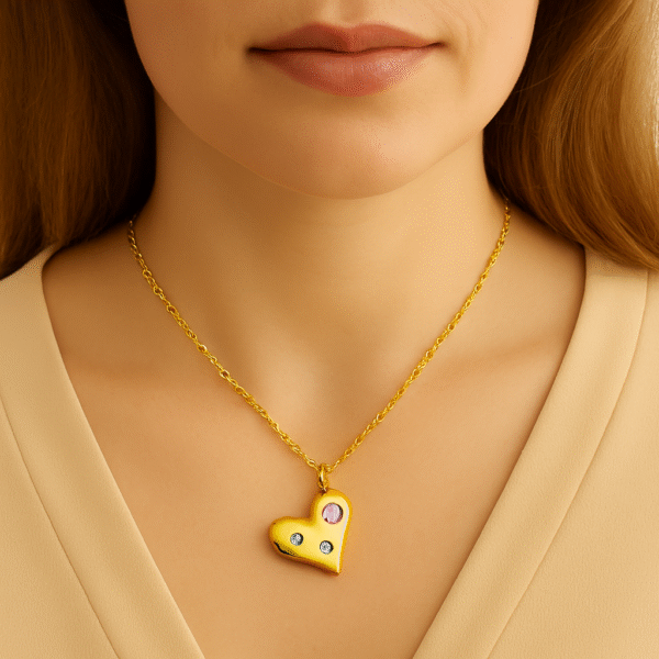 “Trio of Love” Heart Pendant Necklace in Gold with Pink, Blue & Clear Gemstones By Just Jewel - Image 2