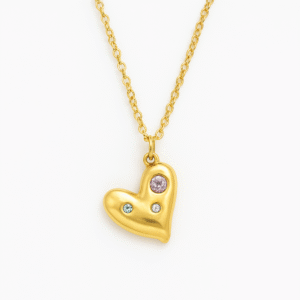 “Trio of Love” Heart Pendant Necklace in Gold with Pink, Blue & Clear Gemstones By Just Jewel