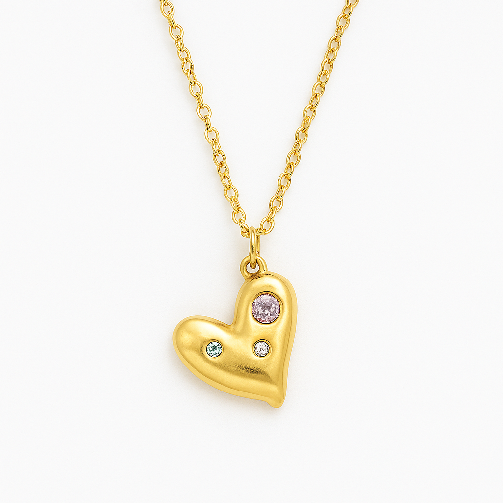 “Trio of Love” Heart Pendant Necklace in Gold with Pink, Blue & Clear Gemstones By Just Jewel