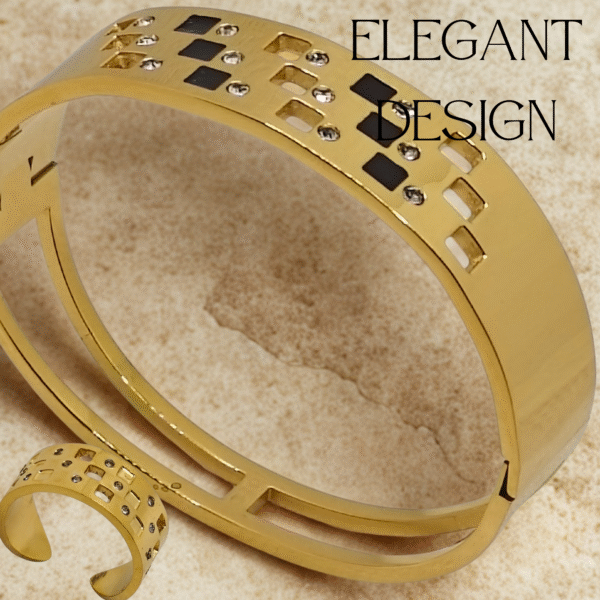 Geometric Luxe Gold Jewelry Set – Double Band Bracelet & Adjustable Ring with Black Accents By Just Jewel - Image 2