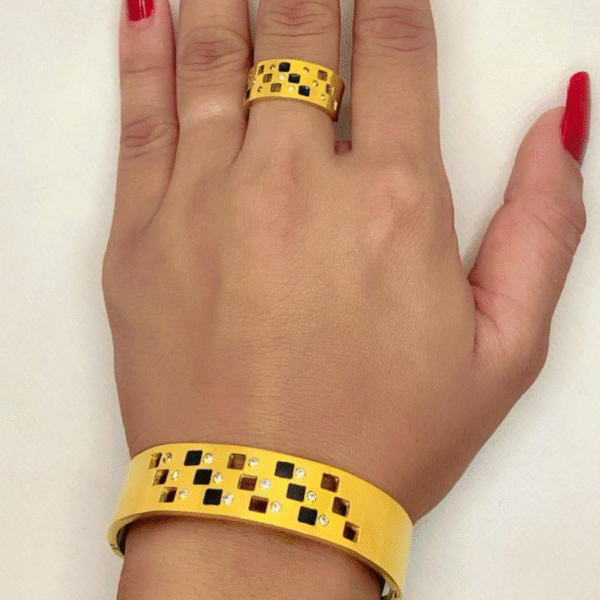 Geometric Luxe Gold Jewelry Set – Double Band Bracelet & Adjustable Ring with Black Accents By Just Jewel - Image 3