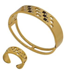 Geometric Luxe Gold Jewelry Set – Double Band Bracelet & Adjustable Ring with Black Accents By Just Jewel