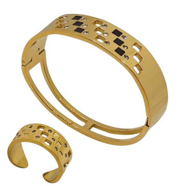 Geometric Luxe Gold Jewelry Set – Double Band Bracelet & Adjustable Ring with Black Accents By Just Jewel