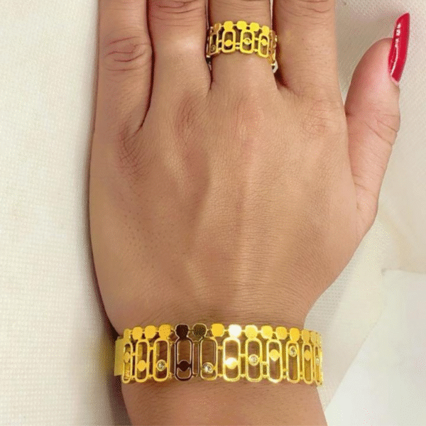 Aurelia Grid Gold Bracelet & Adjustable Ring Set for Women | Anti-Tarnish | Waterproof | Skin-Friendly Jewelry - Image 3