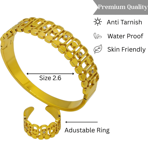 Aurelia Grid Gold Bracelet & Adjustable Ring Set for Women | Anti-Tarnish | Waterproof | Skin-Friendly Jewelry - Image 3