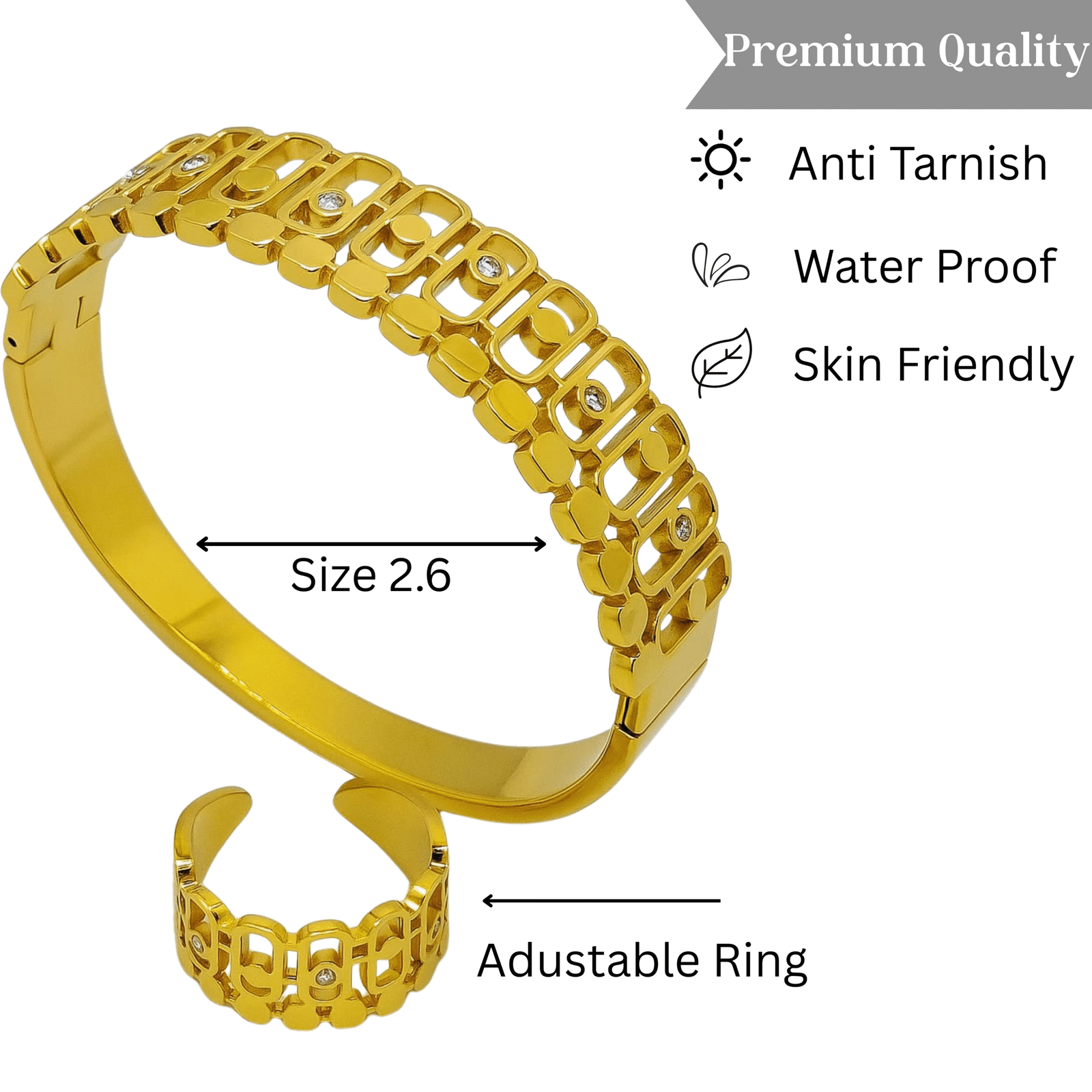 Aurelia Grid Gold Bracelet & Adjustable Ring Set for Women | Anti-Tarnish | Waterproof | Skin-Friendly Jewelry - Image 3