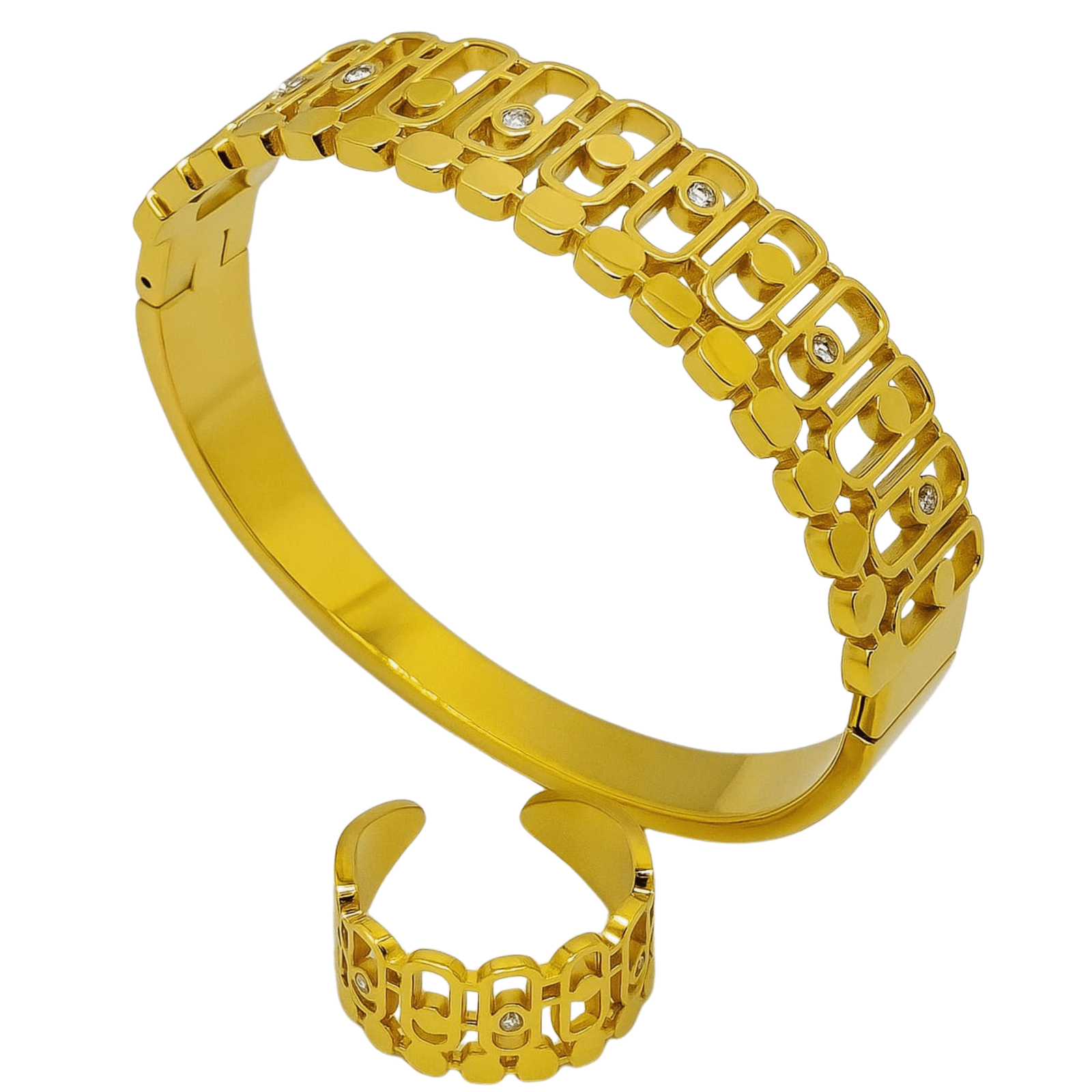 Aurelia Grid Gold Bracelet & Adjustable Ring Set for Women | Anti-Tarnish | Waterproof | Skin-Friendly Jewelry