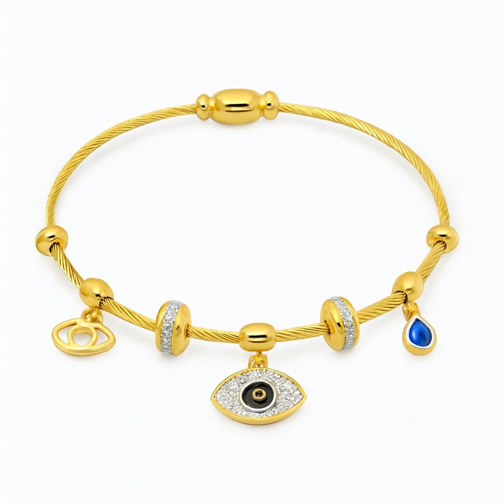 DazzleAura Gold Charm Bracelet with Evil Eye & Gem Accents
