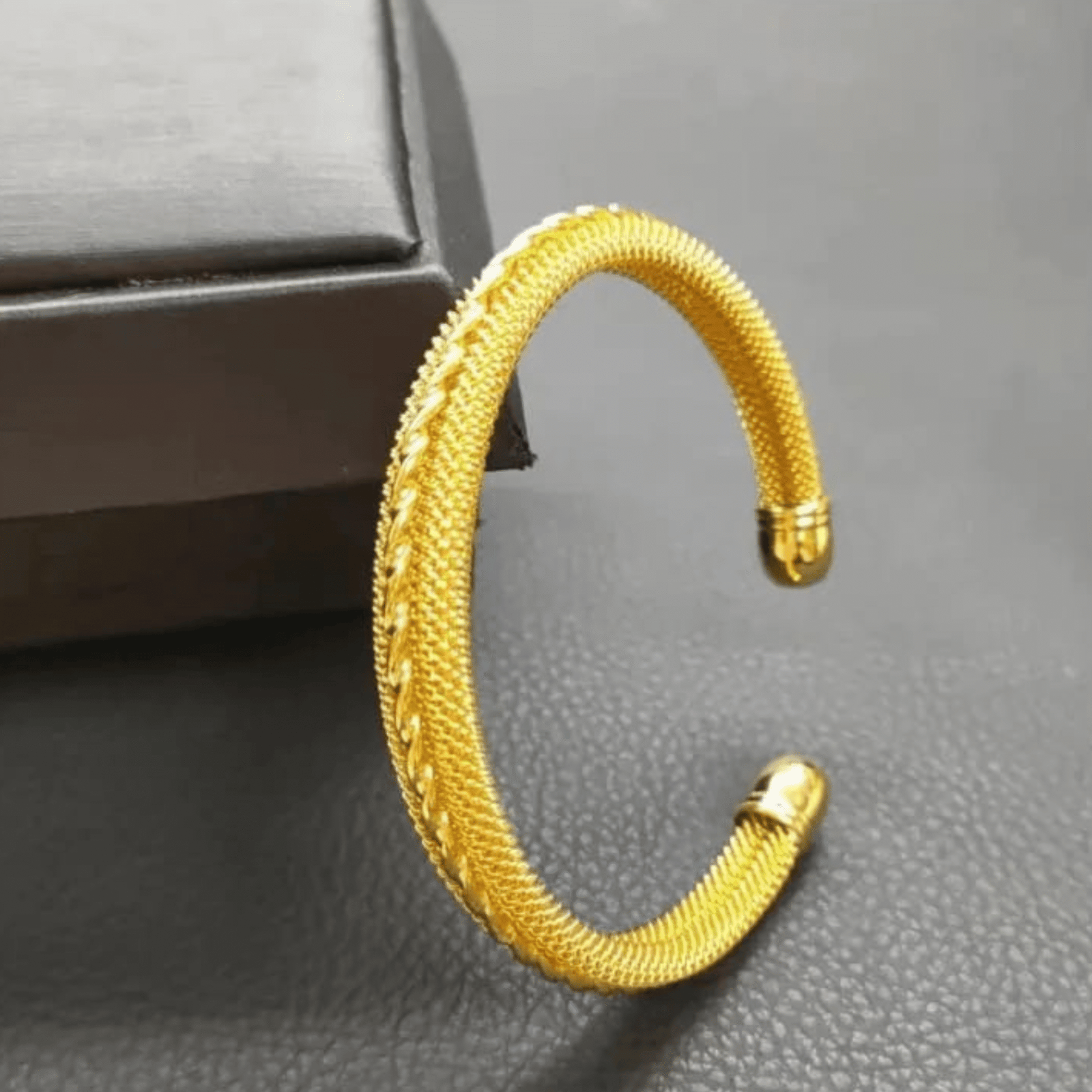 "Golden Mesh Crest" – Textured Open Cuff Bracelet - Image 3
