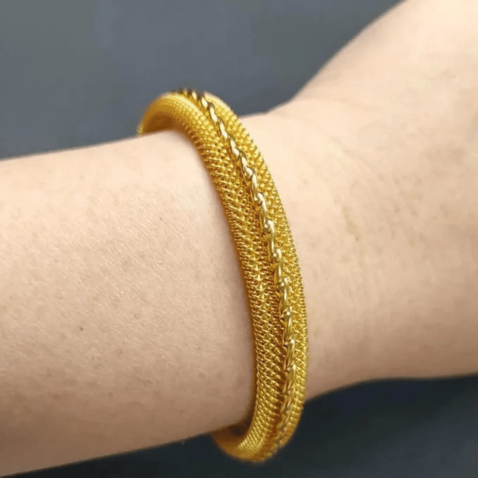 "Golden Mesh Crest" – Textured Open Cuff Bracelet - Image 2