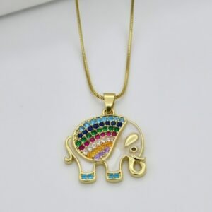 White Enamel Elephant Pendant with Rainbow Colored Stones and Gold Chain