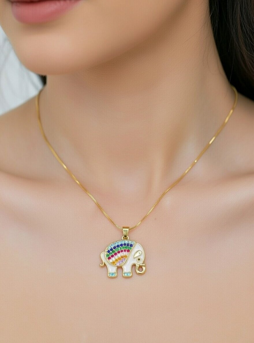 Rainbow Elephant Enamel Pendant | 18K Gold Plated Multicolored Stone Necklace - Image 2