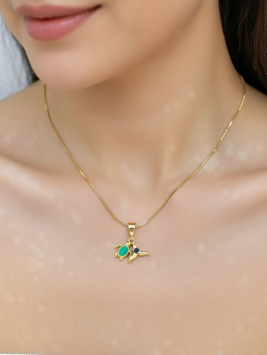 Golden Turtle & Crescent Moon Pendant | 18K Gold Plated Emerald Green Necklace - Image 2